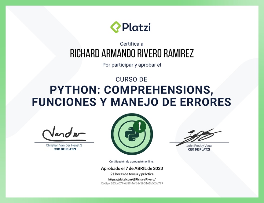 Diploma del Curso de Python: Comprehensions, Funciones y Manejo de Errores