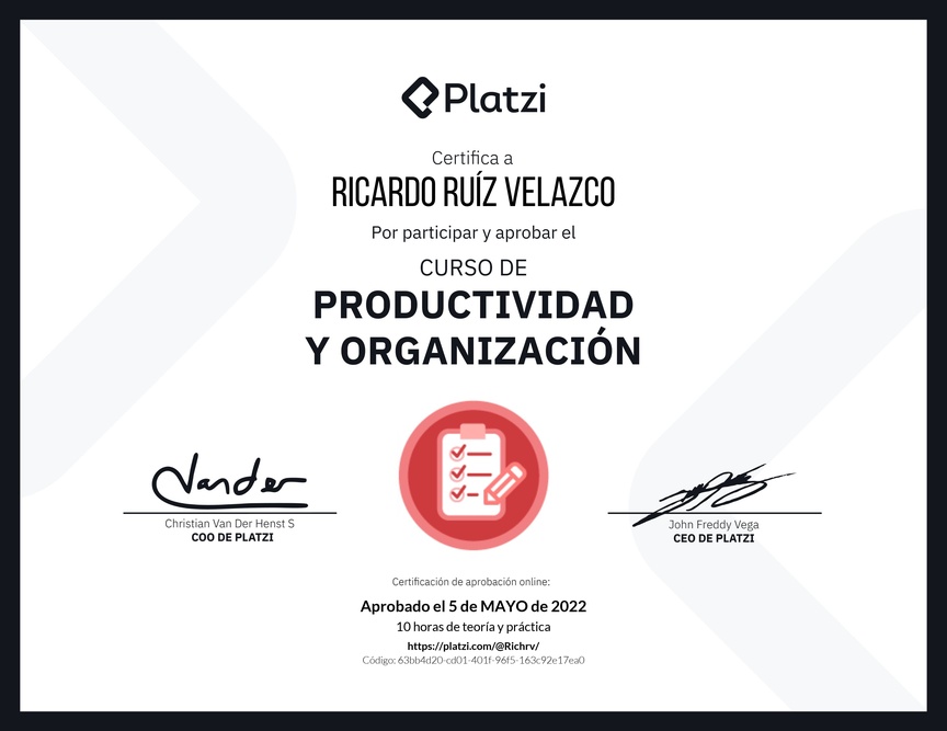 Diploma del Curso de Productividad y Organización