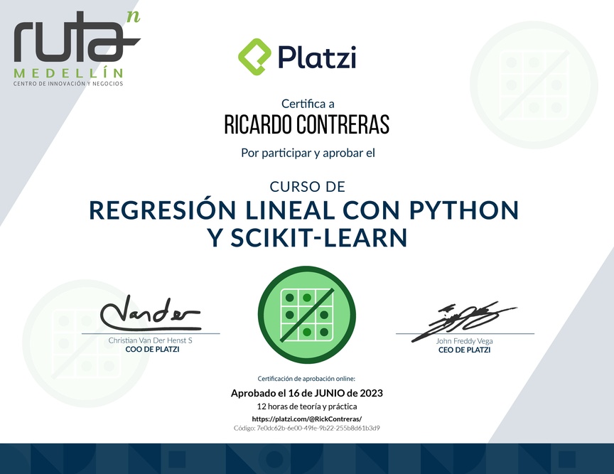 Diploma del Curso de Regresión Lineal con Python y scikit-learn