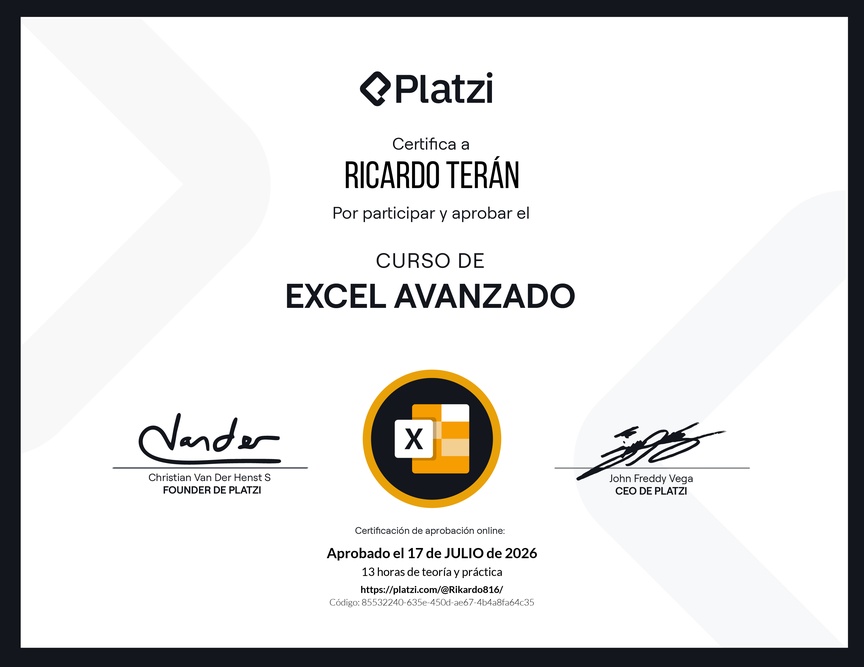 Diploma del Curso de Excel Avanzado