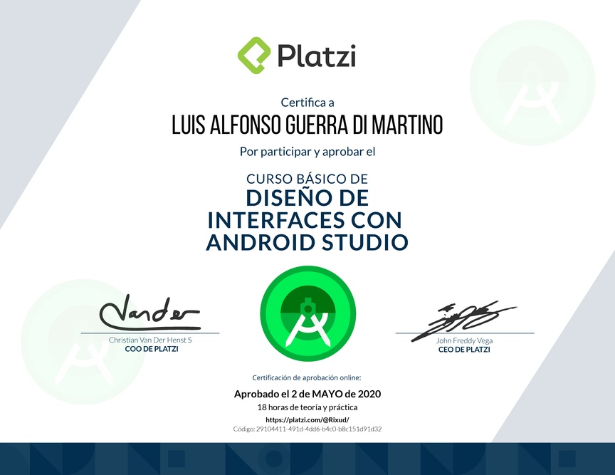 Diploma del Curso Básico de Diseño de Interfaces con Android Studio