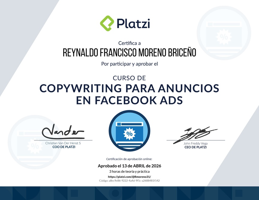 Diploma del Curso de Técnicas de Copywriting para Facebook Ads