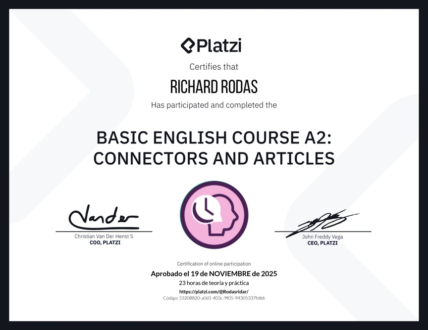 Diploma del Curso de Inglés Básico A2: Conectores y Artículos