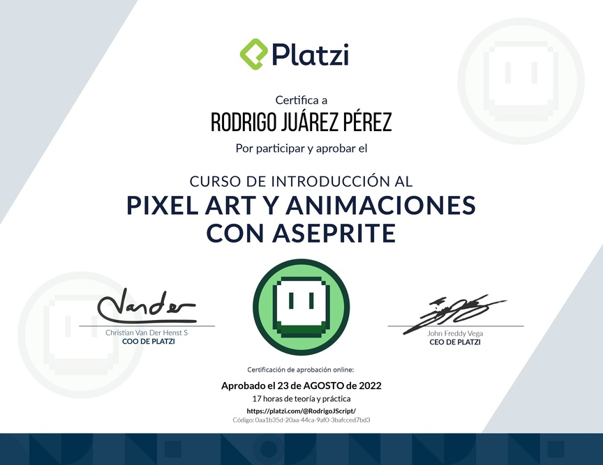 Diploma del Curso de Introducción al Pixel Art y Animaciones con Aseprite