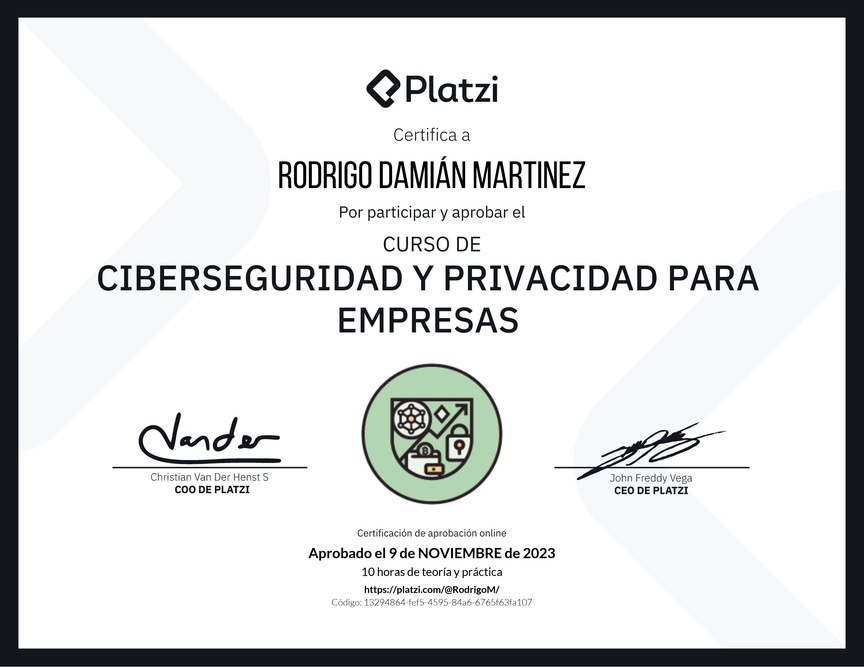 Diploma del Curso de Ciberseguridad y Privacidad Empresarial (2023)