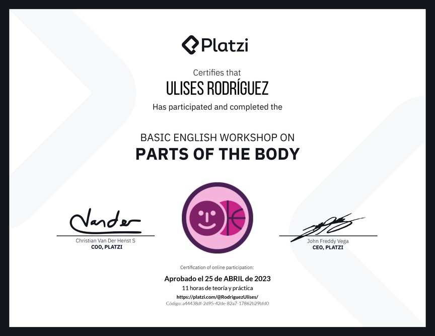 Diploma del Curso de Inglés Práctico sobre las Partes del Cuerpo