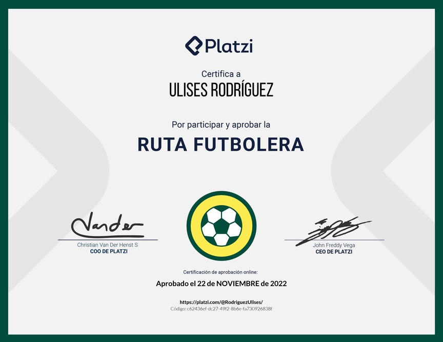 Diploma de la Ruta de Aprendizaje de La Ruta Futbolera Platzi
