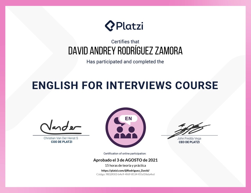 Diploma del Curso para Entrevistas de Trabajo en Inglés (2020)