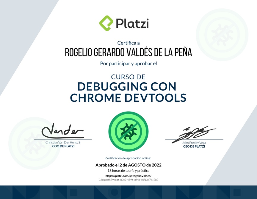 Diploma del Curso de Debugging con Chrome DevTools