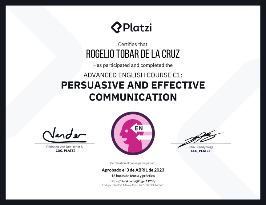 Diploma del Curso de Inglés Avanzado: Comunicación Persuasiva  y Efectiva (2021)