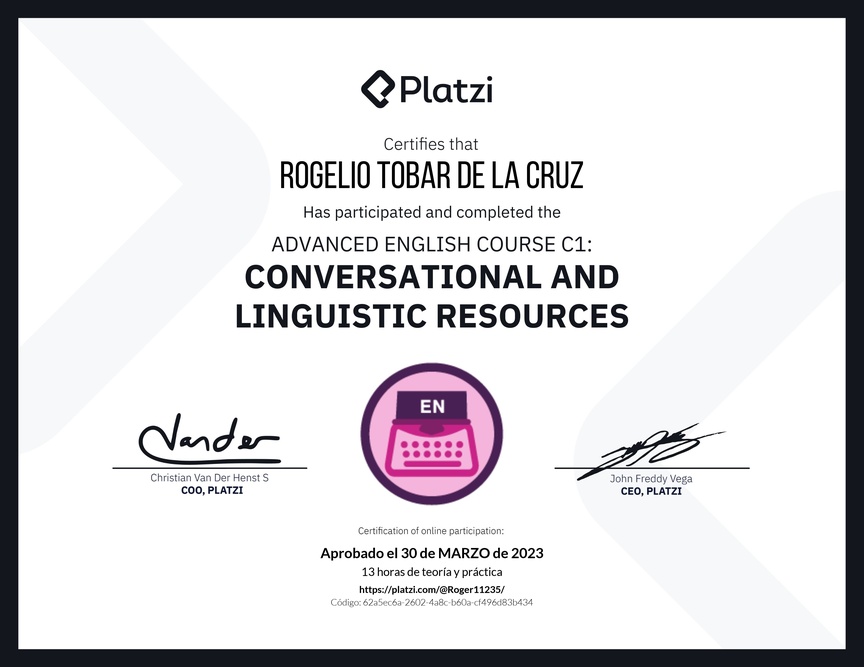 Diploma del Curso de Inglés Avanzado C1: Recursos Conversacionales y Lingüísticos