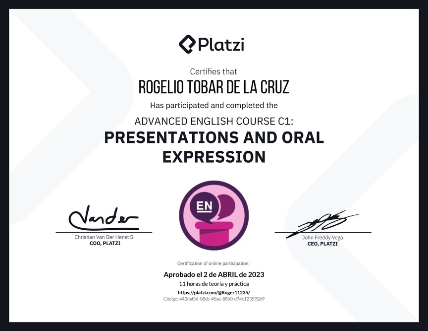 Diploma del Curso de Inglés Avanzado C1: Presentaciones y Expresión Oral