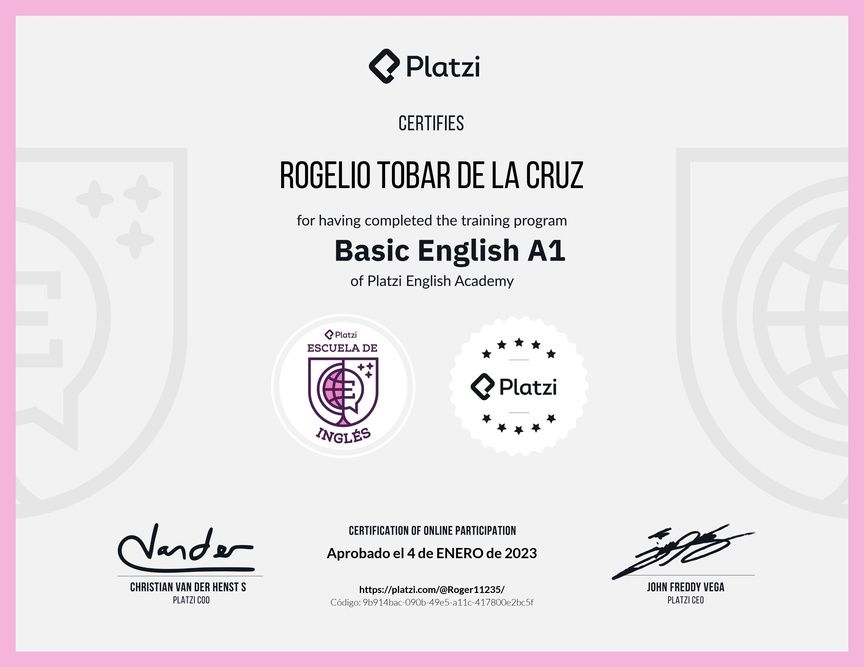 Diploma de la Ruta de Aprendizaje de Inglés Básico A1