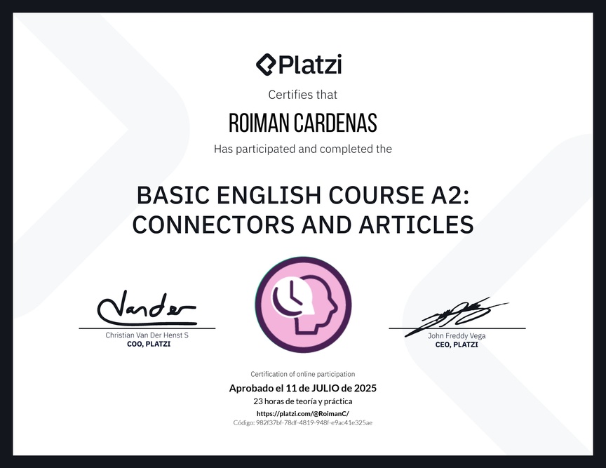 Diploma del Curso de Inglés Básico A2: Conectores y Artículos
