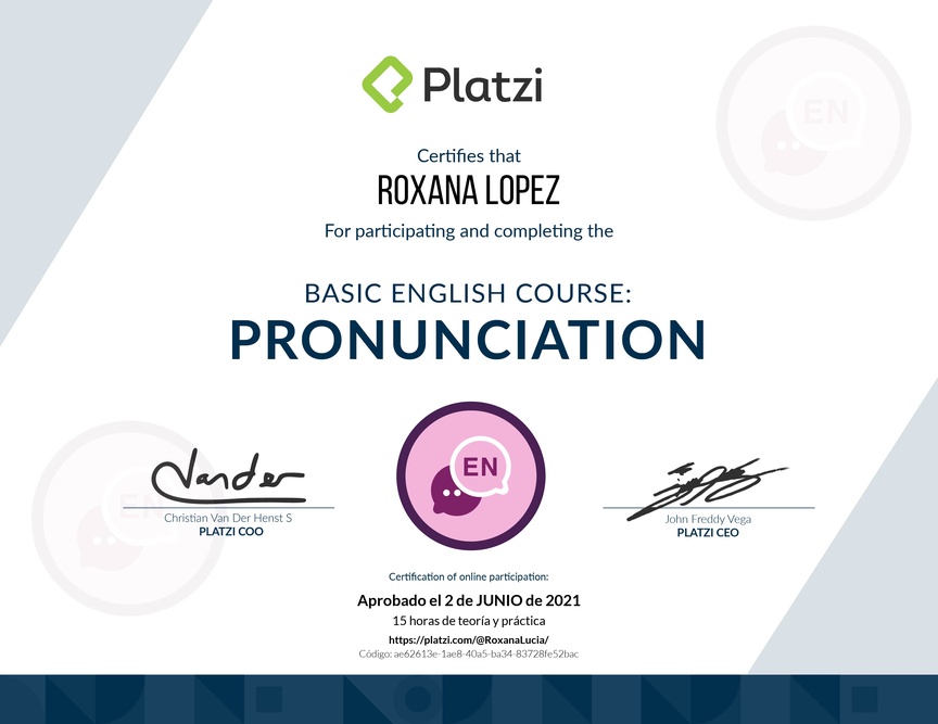Diploma del Curso de pronunciación básica en Inglés 2020