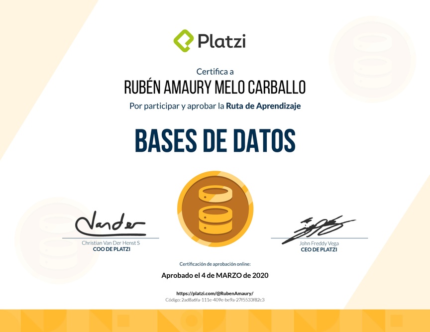 Diploma de la Ruta de Aprendizaje de Bases de datos desde cero