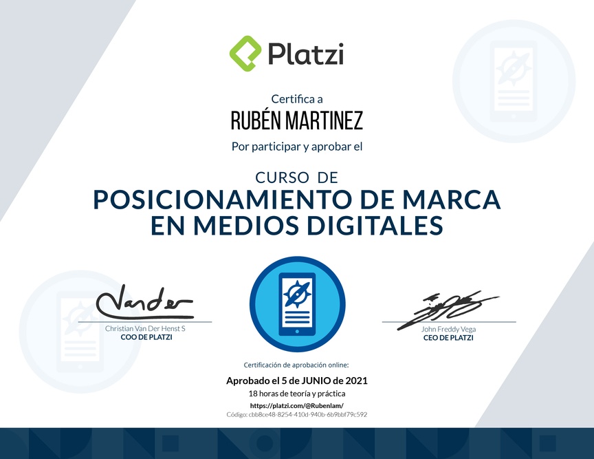 Diploma del Curso de Posicionamiento de Marca en Medios Digitales