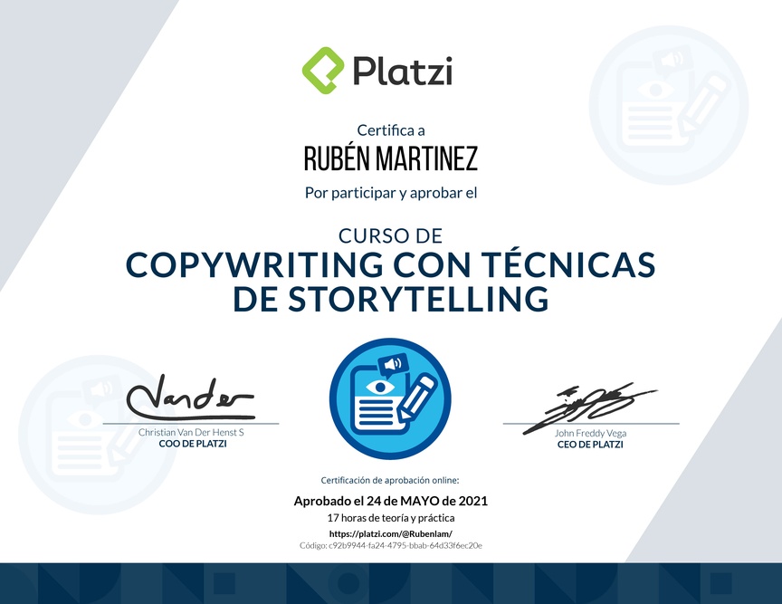 Diploma del Curso de Copywriting con Técnicas de Storytelling