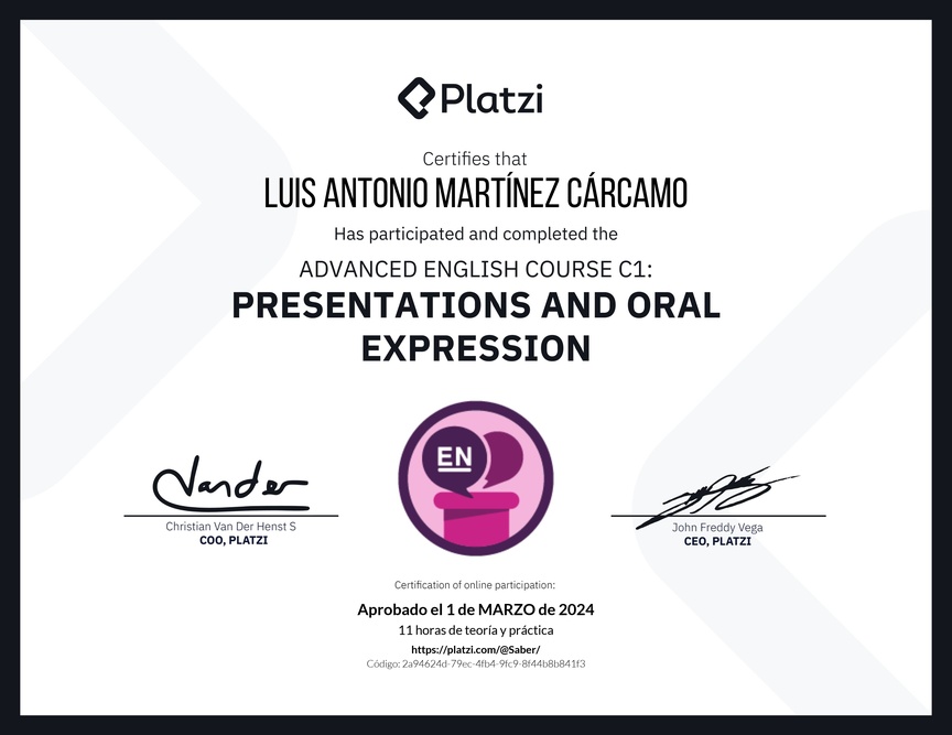 Diploma del Curso de Inglés Avanzado C1: Presentaciones y Expresión Oral