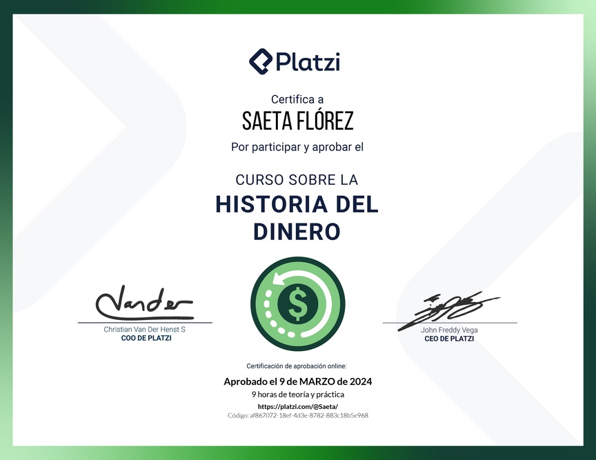 Diploma del Curso Sobre la Historia del Dinero