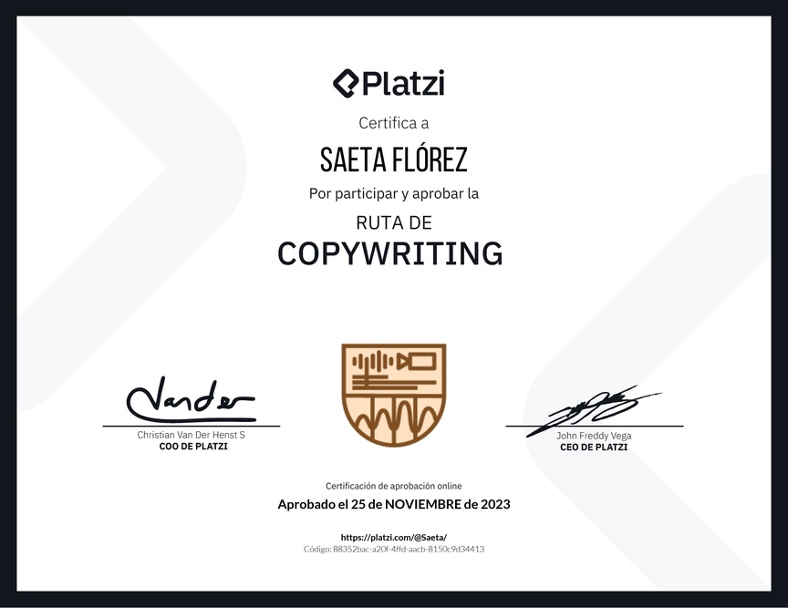 Diploma de la Ruta de Aprendizaje de Copywriting y storytelling para creación de contenidos