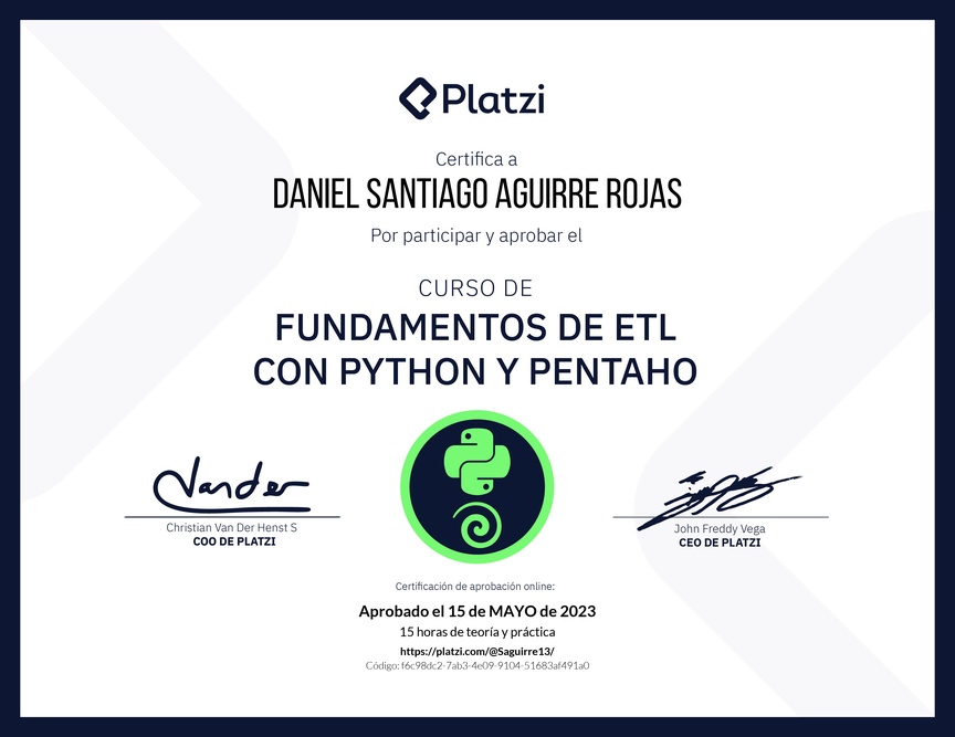 Diploma del Curso de Fundamentos de ETL con Python y Pentaho