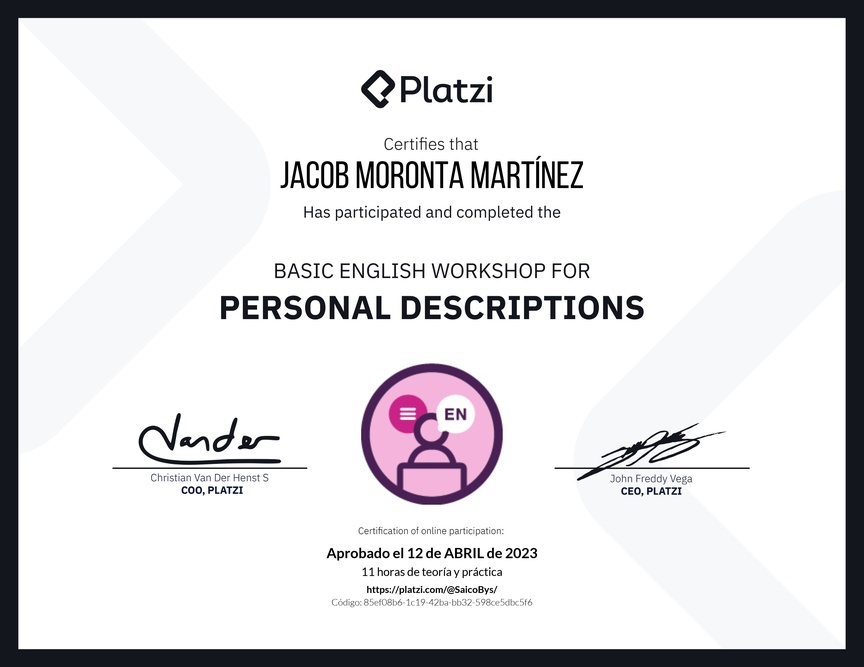 Diploma del Curso de Inglés Práctico para Descripciones Personales (2020=