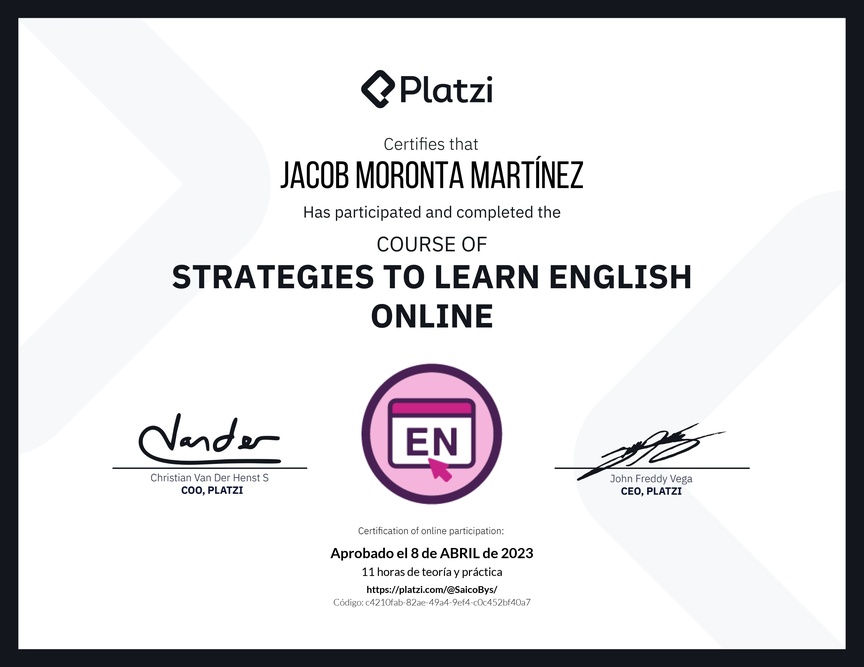 Diploma del Curso Gratis de Estrategias para Aprender Inglés en Línea
