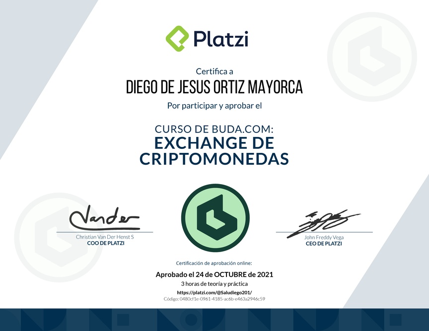 Diploma de Minicurso de Buda.com: Exchange de Criptomonedas