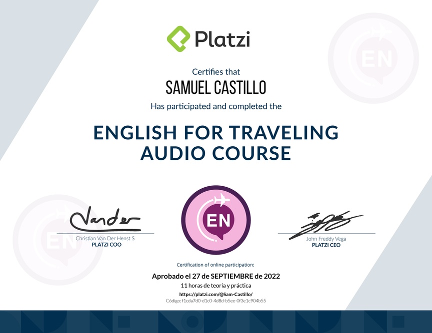 Diploma de Audio Curso de Inglés para Viajes