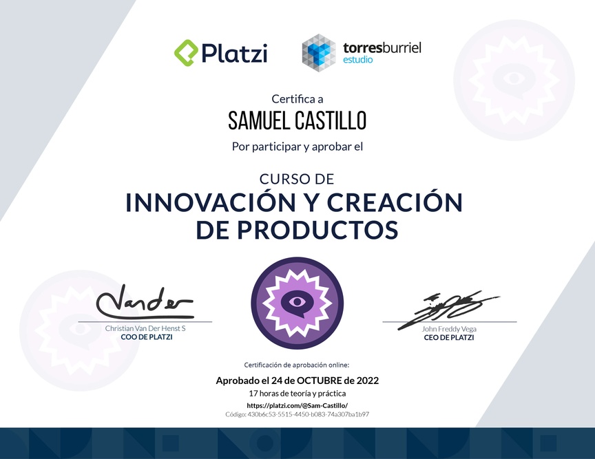 Diploma del Curso de Innovación y Creación de Productos