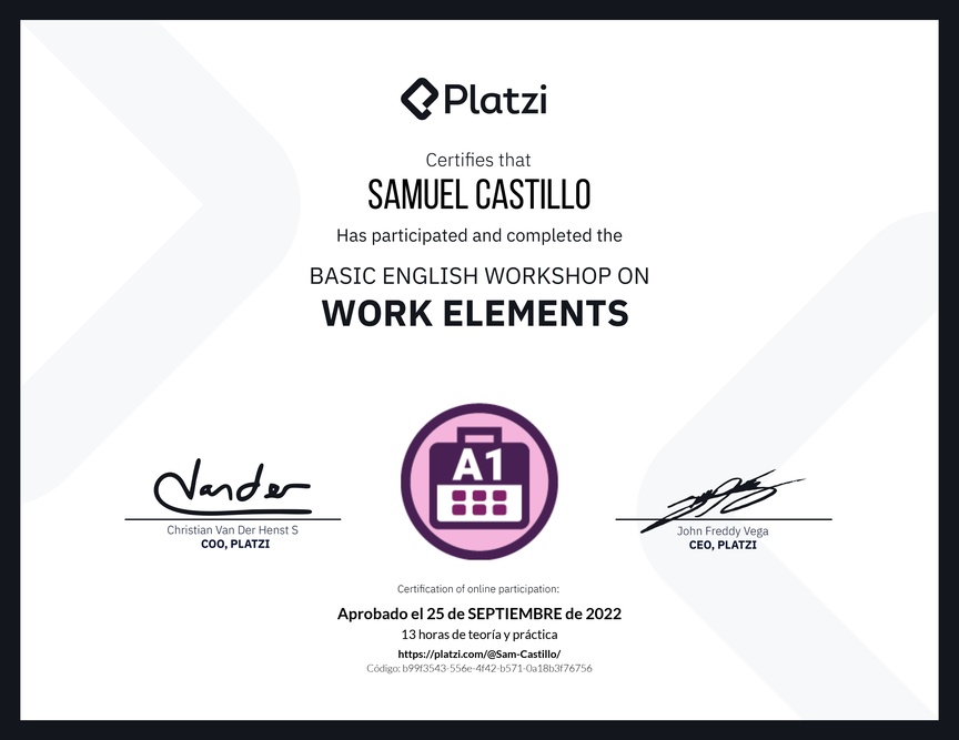 Diploma del Curso de Inglés Práctico sobre Elementos de Trabajo