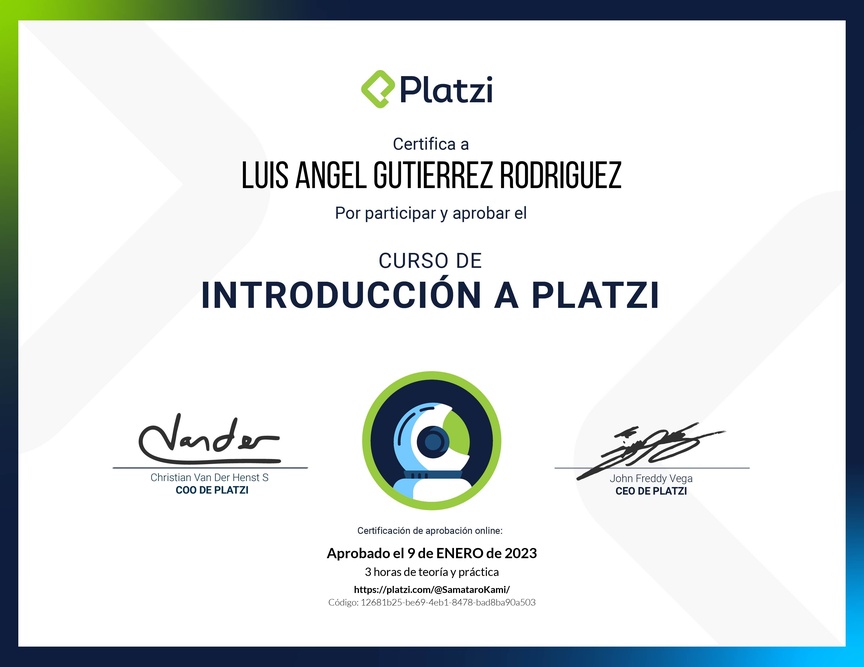 Diploma del Curso de Introducción a Platzi 🇲🇽