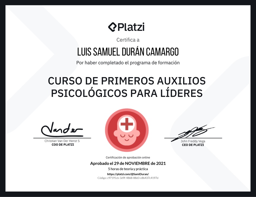 Diploma del Curso de Primeros Auxilios Psicológicos para Líderes