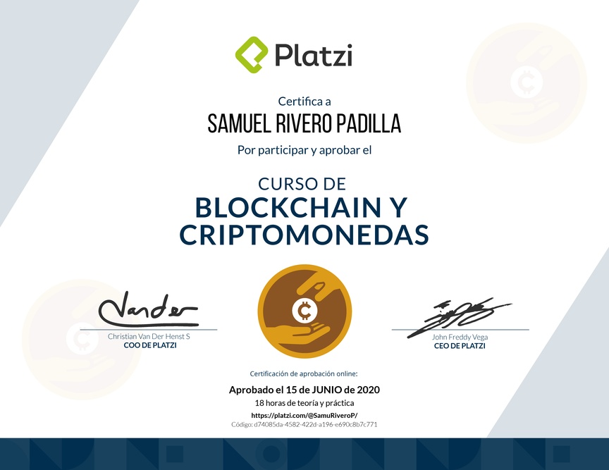 Diploma del Curso de Blockchain y Criptomonedas 2018
