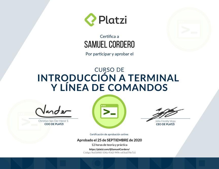 Diploma del Curso de Introducción a la Terminal y Línea de Comandos 2019