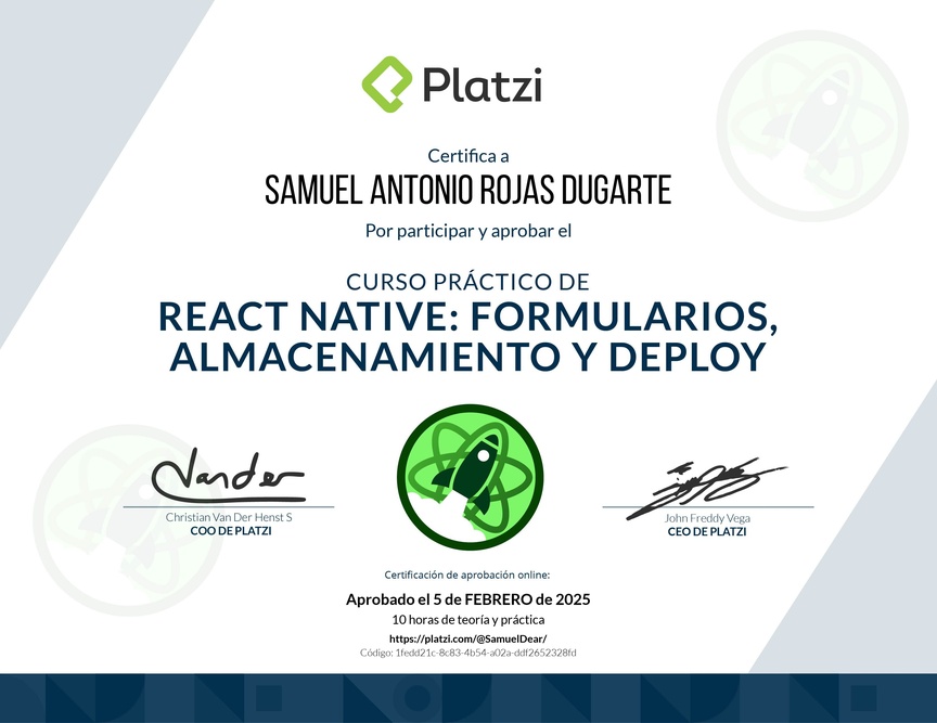 Diploma del Curso de React Native: Formularios, Almacenamiento y Deploy