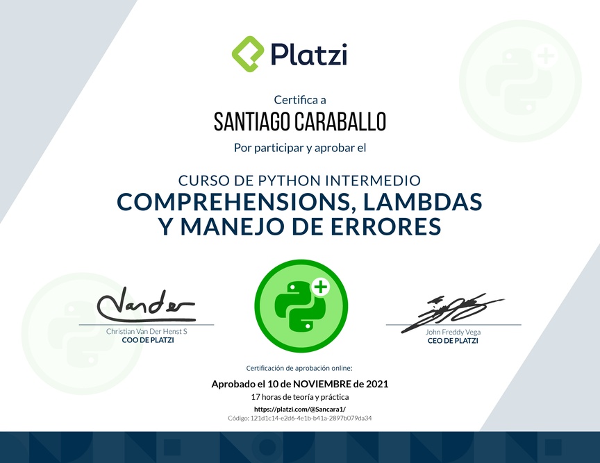 Diploma del Curso de Python Intermedio: Comprehensions, Lambdas y Manejo de Errores