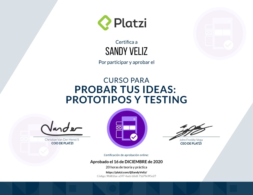 Diploma del Curso de validación de Ideas: Prototipos y Testing Exitosos