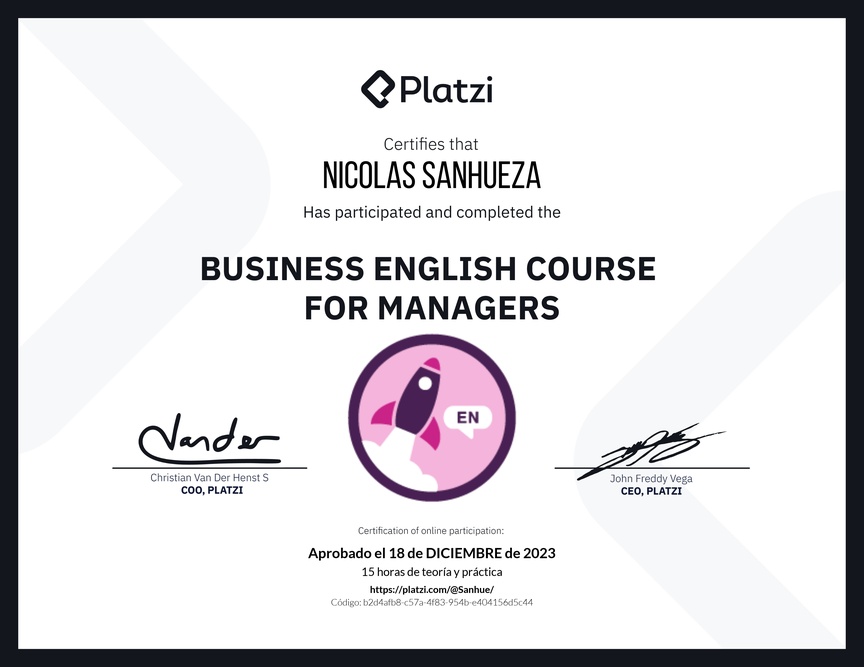 Diploma del Curso de Inglés de Negocios para Managers