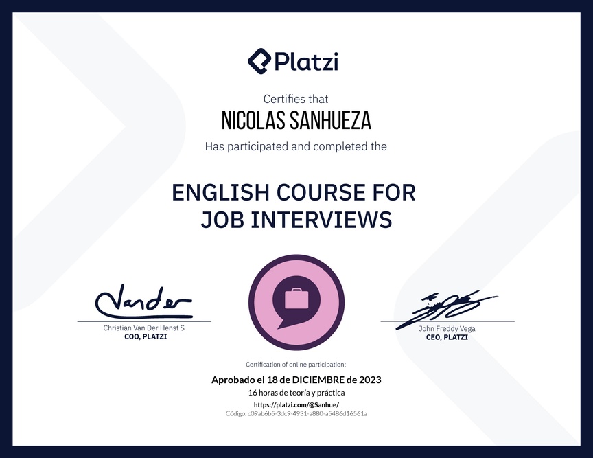 Diploma del Curso de Inglés para Entrevistas de Trabajo