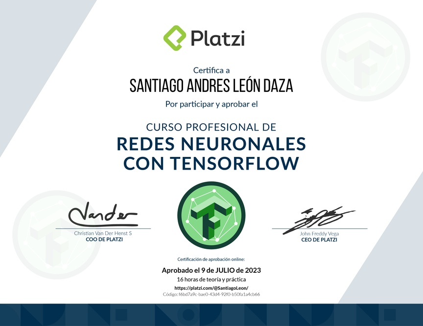 Diploma del Curso Profesional de Redes Neuronales con TensorFlow