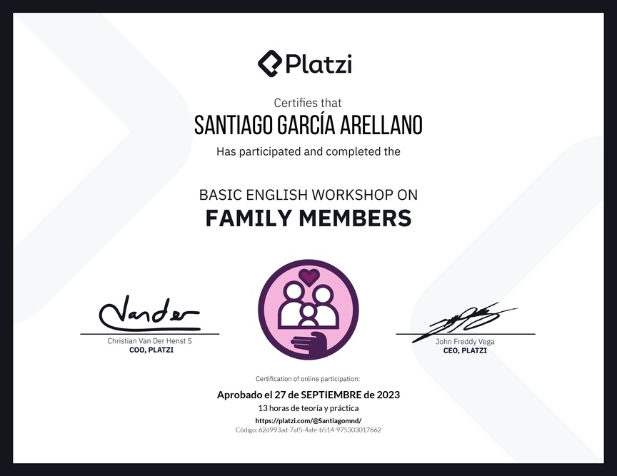 Diploma del Curso de Inglés Práctico sobre los Miembros de la Familia