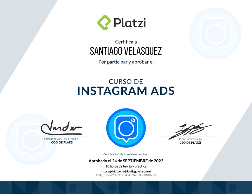 Diploma del Curso de Instagram Ads