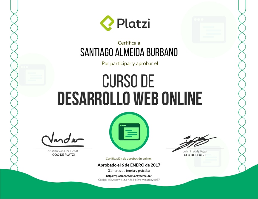 Diploma del Curso de Desarrollo Web Online 2016