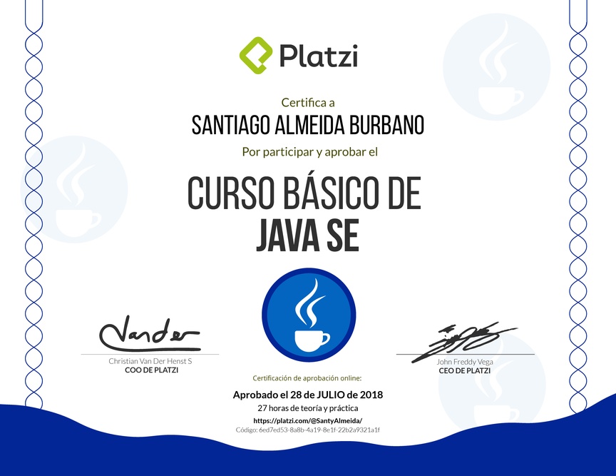 Diploma del Curso Básico de Java SE 2018