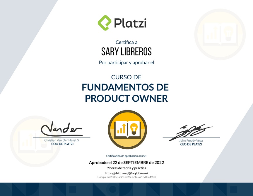 Diploma del Curso de Fundamentos de Product Owner