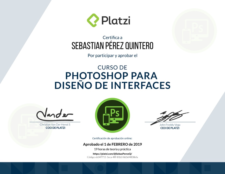 Diploma del Curso de Photoshop para Diseño de Interfaces 2018