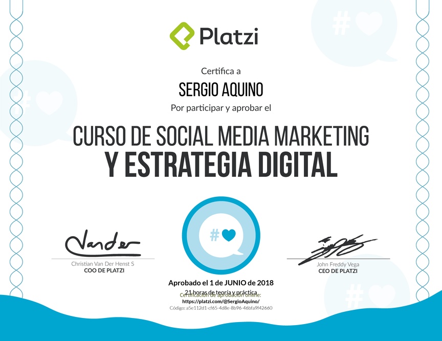 Diploma del Curso de Social Media Marketing y Estrategia Digital 2016