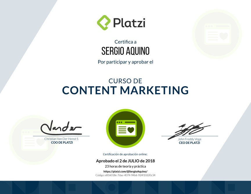 Diploma del Curso de Content Marketing 2017